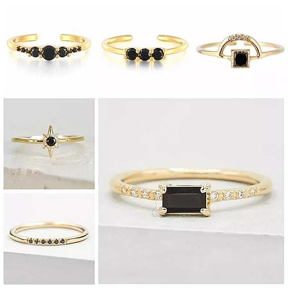 NEW Dainty 18k Yellow Gold Diamond Onyx Band Ring - Picture 3 of 9
